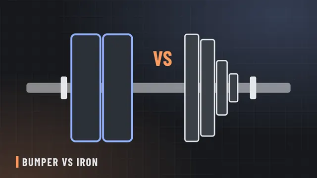 Line illustration of a thick rubber bumper plate beside a thinner iron plate on a barbell sleeve