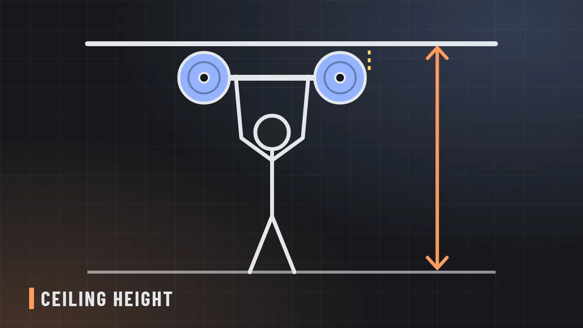 Line illustration of a figure pressing a barbell overhead under a ceiling, with a height arrow