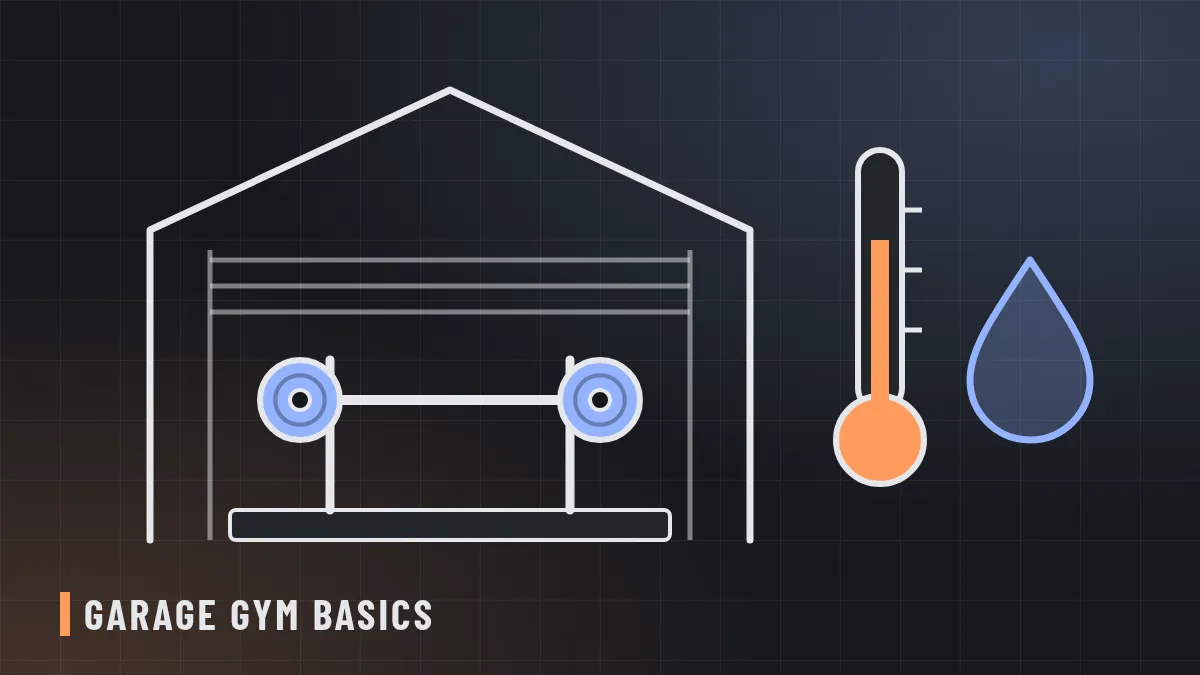 Line illustration of a garage with a raised door, a squat rack on rubber mats, a thermometer and a water droplet