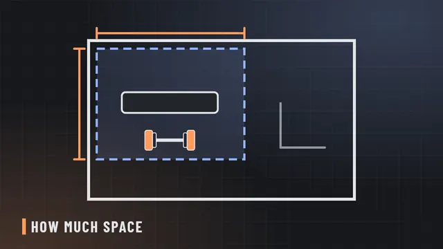 Line illustration of a floor plan with a dashed training zone and measuring arrows