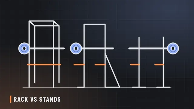 Line illustration comparing a four-post power rack, a half rack and a pair of squat stands