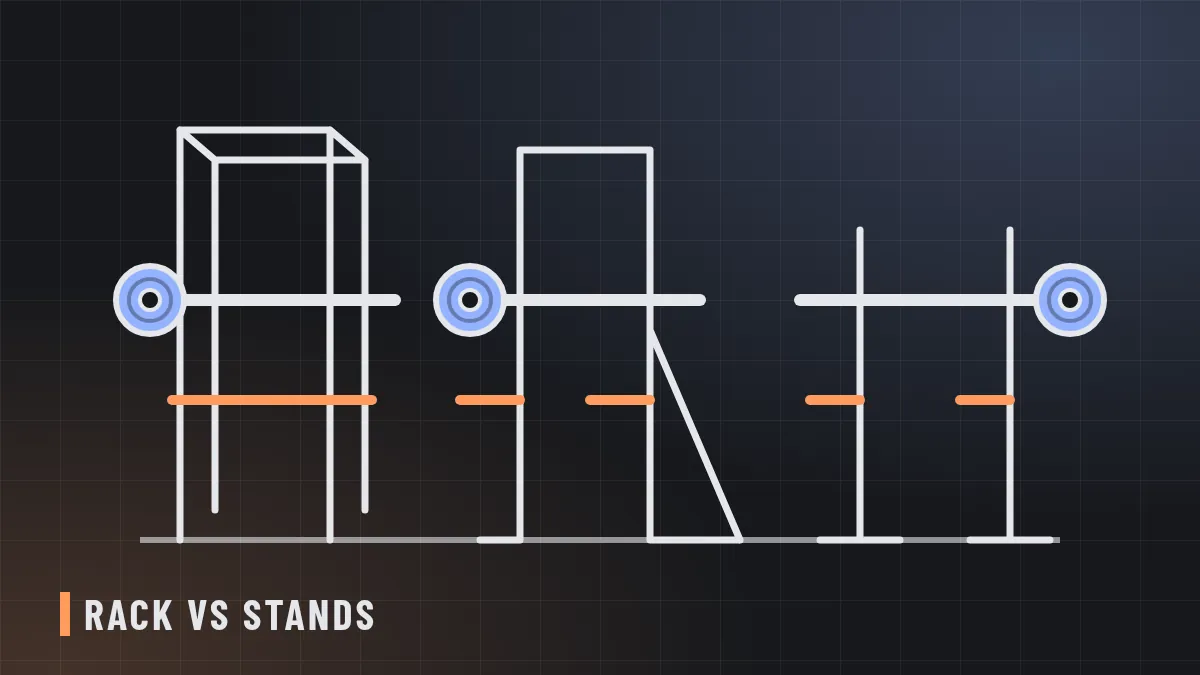 Line illustration comparing a four-post power rack, a half rack and a pair of squat stands