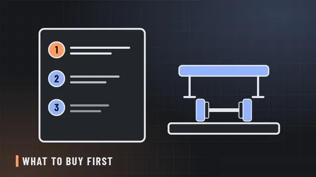 Line illustration of a numbered checklist next to a mat, a dumbbell and a bench